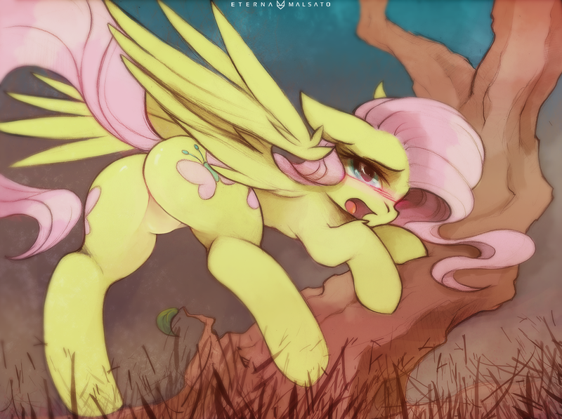 Size: 1200x896 | Tagged: artist:foxinshadow, art pack:choice of ponies vol5, art pack:fox's choice of ponies, blushing, both cutie marks, butt, derpibooru import, featureless crotch, female, fluttershy, plot, solo, solo female, suggestive