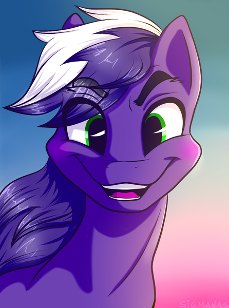 Size: 1142x1537 | Tagged: artist:sigmanas, bust, derpibooru import, happy, oc, oc:proudy hooves, portrait, safe, smiling, solo, sunset, unofficial characters only, щщоки