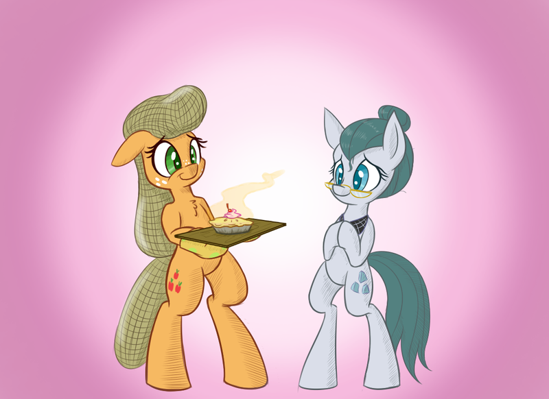 Size: 1100x800 | Tagged: safe, artist:heir-of-rick, derpibooru import, applejack, cloudy quartz, pony, daily apple pony, apple, apple pie, bipedal, chest fluff, food, hairnet, mother's day, oven mitts, pie, simple background, tray