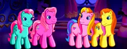 Size: 1219x480 | Tagged: brights brightly, come back lily lightly, derpibooru import, g3, g3 panorama, looking at each other, minty, night, panorama, pinkie pie (g3), rarity (g3), safe, screencap