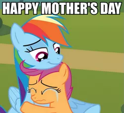 Size: 601x550 | Tagged: artist:thunderhawk03, caption, crying, derpibooru import, hug, image macro, meme, mother's day, rainbow dash, safe, scootaloo, scootalove, text