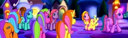 Size: 1603x473 | Tagged: brights brightly, cheerilee (g3), come back lily lightly, derpibooru import, g3, g3 panorama, glow, glowing horn, horn, lily lightly, night, night shine, panorama, rarity (g3), safe, screencap, shine-a-belle