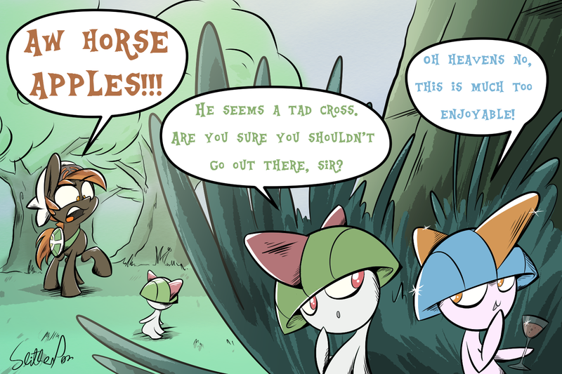 Size: 1500x1000 | Tagged: safe, artist:slitherpon, derpibooru import, button mash, earth pony, pony, ralts, colt, crossover, dialogue, forest, male, pokémon, pokémon advanced, pokémon omega ruby and alpha sapphire, pokémon ruby and sapphire, shiny pokémon, signature, single panel