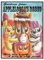 Size: 652x891 | Tagged: apple bloom, appleloosa, appleoosa's most wanted, artist:santi-dleon, cutie mark crusaders, derpibooru import, greetings, rodeo, safe, scootaloo, sweetie belle, trouble shoes