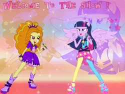 Size: 1024x768 | Tagged: safe, derpibooru import, adagio dazzle, twilight sparkle, twilight sparkle (alicorn), alicorn, equestria girls, rainbow rocks, battle of the bands, clothes, dress, ponied up, sparkles, wallpaper, welcome to the show