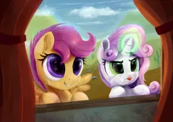 Size: 1422x1000 | Tagged: safe, artist:scootiebloom, derpibooru import, scootaloo, sweetie belle, appleoosa's most wanted, concentrating, magic, scene interpretation, sweetie belle's magic brings a great big smile, tongue out