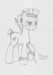 Size: 751x1063 | Tagged: safe, artist:poldekpl, derpibooru import, temple chant, pony, daring don't, background pony, ear piercing, earring, face paint, jewelry, monochrome, pencil drawing, piercing, sketch, solo, spear, traditional art, tribal, weapon