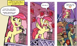 Size: 940x565 | Tagged: safe, derpibooru import, edit, idw, apple bloom, apple fritter, applejack, babs seed, big macintosh, granny smith, earth pony, pony, spoiler:comicholiday2014, apple, apple bloom's bad joke, apple family member, caption, censored, exploitable meme, food, image macro, male, meme, microphone, patreon, psyga's alternate pony scenes, stage, stallion, stand-up comedy, stool, text, water bottle