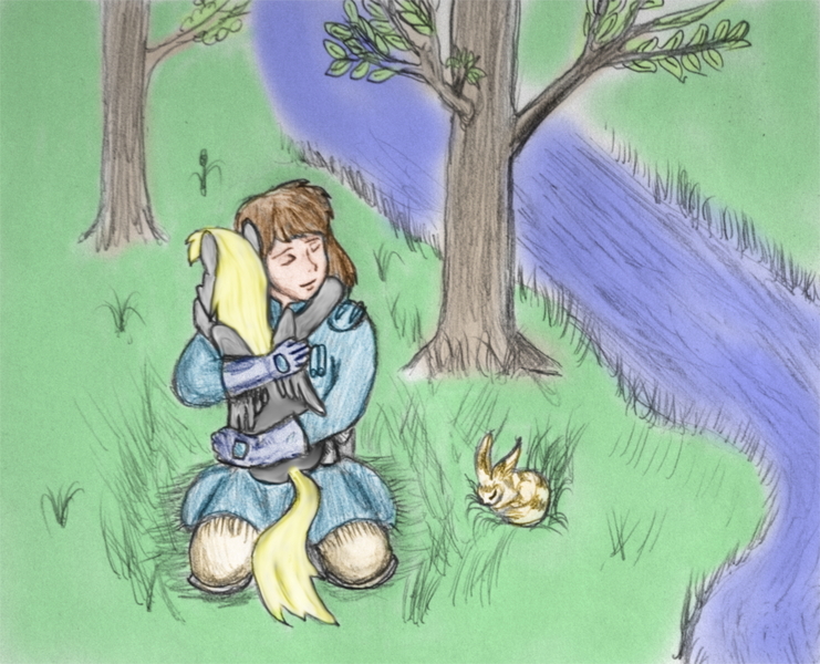 Size: 1366x1106 | Tagged: safe, artist:sdf1jjak, derpibooru import, derpy hooves, human, anti-nihilist, biologist, bomber jacket, breeches, child nurturer, clothes, conservationist, feels, gloves, grass, heartwarming, hug, image, jacket, jpeg, knife-fighter, marksman, martial artist, nature heroine, nature lover, nausicaa & derpy, nausicaa of the valley of the wind, nightmare fetishist, river, save derpy, scientist, squirrel fox, stream, swordfighter, teto, that one nameless background pony we all know and love, toxiologist, tree