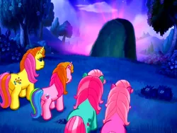 Size: 640x480 | Tagged: brights brightly, come back lily lightly, derpibooru import, g3, glow, minty, night, pinkie pie (g3), rarity (g3), rock, safe, screencap