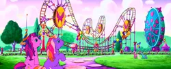 Size: 1190x480 | Tagged: dancing in the clouds, derpibooru import, ferris wheel, g3, g3 panorama, kite, panorama, pinkie pie, rainbow dash, rainbow dash (g3), roller coaster, safe, screencap, skywishes, twinkle twirl