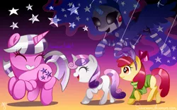 Size: 1581x984 | Tagged: apple bloom, artist:supermare, derpibooru import, five nights at aj's, five nights at freddy's, g1, g1 to g4, generation leap, imminent death, implied murder, marionette, princess luna, safe, sweetie belle, twilight sparkle
