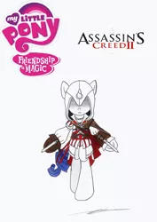 Size: 2432x3440 | Tagged: artist:az-derped-unicorn, assassin, assassin's creed, clothes, crossover, derpibooru import, ezio auditore, rarity, robe, safe, solo, video game, weapon