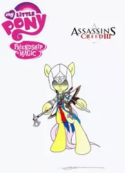 Size: 2496x3440 | Tagged: arrow, artist:az-derped-unicorn, assassin, assassin's creed, bow (weapon), clothes, connor kenway, crossover, derpibooru import, fluttershy, robe, safe, solo, video game, weapon