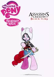Size: 2432x3440 | Tagged: artist:az-derped-unicorn, assassin, assassin's creed, clothes, crossover, derpibooru import, edward kenway, pinkie pie, pirate, robe, safe, solo, sword, video game, weapon