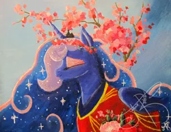 Size: 1600x1232 | Tagged: artist:jorobro, cherry blossoms, clothes, derpibooru import, eyes closed, flower, flower blossom, kimono (clothing), princess luna, safe, solo, traditional art