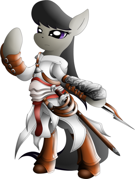 Size: 1314x1738 | Tagged: safe, artist:xeroseis, derpibooru import, octavia melody, pony, armor, assassin's creed, bipedal, clothes, solo, weapon