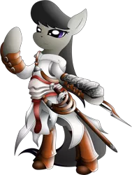 Size: 1314x1738 | Tagged: safe, artist:xeroseis, derpibooru import, octavia melody, pony, armor, assassin's creed, bipedal, clothes, solo, weapon