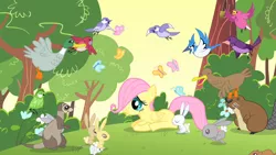 Size: 1280x720 | Tagged: safe, derpibooru import, screencap, fluttershy, beaver, bird, blue jay, butterfly, duck, mallard, mouse, pegasus, pony, rabbit, weasel, the cutie mark chronicles, animal, chickadee (bird), cute, female, filly, filly fluttershy, male, shyabetes, songbird, younger