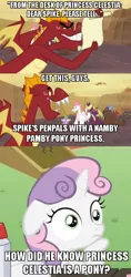 Size: 498x1054 | Tagged: caption, clump, derpibooru import, dragon, dragon quest, exploitable meme, fizzle, fume, garble, image macro, meme, obligatory pony, princess celestia, safe, scroll, spear (dragon), spike, sudden clarity sweetie belle, sweetie belle, text