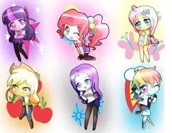 Size: 1800x1400 | Tagged: safe, artist:lovecupcake20, derpibooru import, applejack, fluttershy, pinkie pie, rainbow dash, rarity, twilight sparkle, equestria girls, applejack's hat, chibi, clothes, cowboy hat, hat, looking at you, mane six, one eye closed, open mouth, raised leg, smiling, sweater, wink