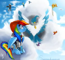 Size: 1181x1084 | Tagged: safe, artist:supermare, derpibooru import, cloudchaser, rainbow dash, scootaloo, soarin', spitfire, surprise, thunderlane, pegasus, pony, backwards cutie mark, beanie, clothes, cloud, crossover, delsin rowe, eyes closed, female, filly, good end, hat, infamous, infamous second son, male, mare, scootaloo can fly, sky, smiling, stallion