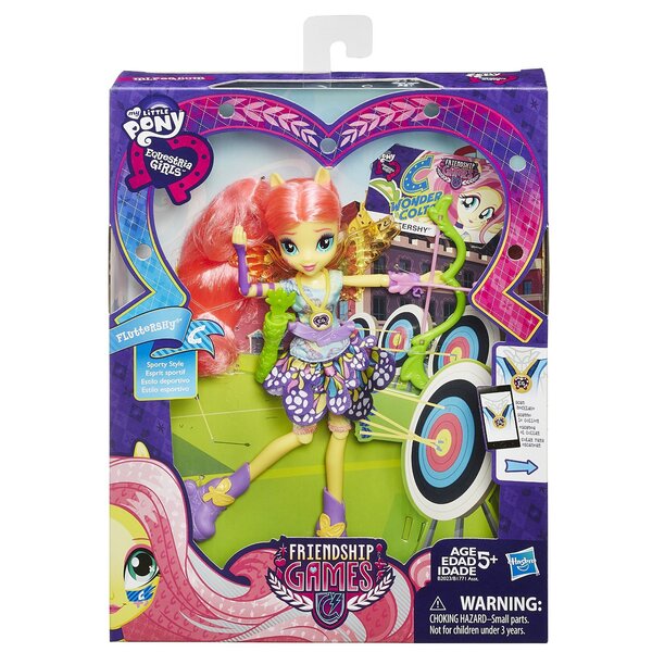 Size: 1500x1500 | Tagged: safe, derpibooru import, fluttershy, equestria girls, friendship games, archery, arrow, bow (weapon), bow and arrow, box, doll, equestria girls logo, merchandise, outfit, toy, weapon