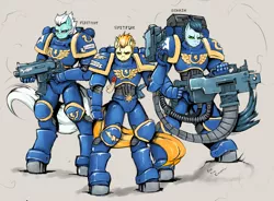 Size: 1280x944 | Tagged: anthro, armor, artist:mod-of-chaos, ask-thewarpony, bolter, crossover, derpibooru import, fleetfoot, gun, heavy bolter, power armor, safe, soarin', space marine, spitfire, ultramarine, warhammer 40k, warhammer (game), weapon, wonderbolts