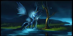 Size: 1600x800 | Tagged: artist:auroriia, derpibooru import, firefly (insect), insect, princess luna, safe, solo, spread wings, twilight (astronomy), water, wings