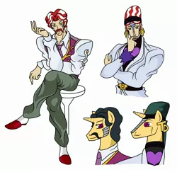 Size: 2548x2476 | Tagged: safe, artist:urusee584, derpibooru import, flam, flim, ponified, human, pony, crossover, daniel j. d'arby, flim flam brothers, humanized, jojo's bizarre adventure, stardust crusaders, terence t. d'arby