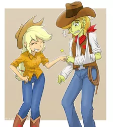 Size: 783x874 | Tagged: safe, artist:ta-na, derpibooru import, applejack, braeburn, appleoosa's most wanted, equestria girls, belt, boots, broken arm, clothes, cowboy hat, equestria girls interpretation, equestria girls-ified, freckles, hat, jeans, pants, scene interpretation, shoes, stetson