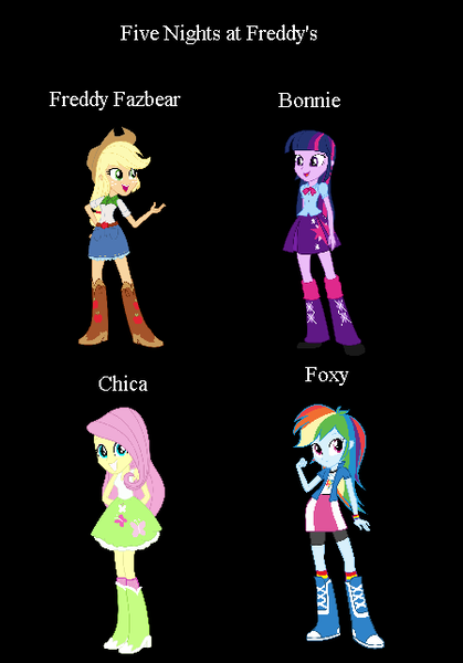 Size: 449x643 | Tagged: safe, derpibooru import, applejack, fluttershy, rainbow dash, twilight sparkle, five nights at aj's, equestria girls, applefreddy, five nights at freddy's, flutterchica, rainbow foxy, twibon