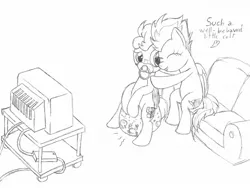 Size: 1600x1200 | Tagged: safe, artist:datspaniard, derpibooru import, soarin', spitfire, age regression, couch, female, image, implied pissing, jpeg, male, monochrome, pacifier, potty, potty time, shipping, soarinfire, straight, television, toilet, training potty