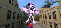 Size: 1280x600 | Tagged: safe, derpibooru import, twilight sparkle, twilight sparkle (alicorn), alicorn, pony, shy guy, 3d, female, giant pony, gmod, godzilla (series), macro, mare, rampage, solo, super mario bros., twizilla