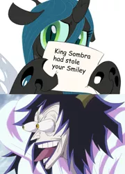 Size: 799x1107 | Tagged: caesar clown, chrysalis' note, derpibooru import, exploitable meme, faic, king sombra, meme, one piece, paper, queen chrysalis, safe, sign, smiley