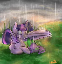 Size: 2400x2500 | Tagged: safe, artist:manfartwish, derpibooru import, spike, twilight sparkle, twilight sparkle (alicorn), alicorn, pony, female, mama twilight, mare, rain, sleeping, spikelove, wing umbrella