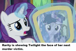 Size: 766x514 | Tagged: alicorn, bertstrips, castle sweet castle, derpibooru import, dirty, meme, mirror, murderer, ponestrip, rarity, rarity's mirror, safe, text, twilight sparkle, twilight sparkle (alicorn)