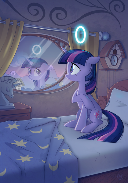 Size: 1200x1720 | Tagged: 0, artist:stasysolitude, bed, derpibooru import, fanfic art, floppy ears, frown, raised hoof, reflection, sad, safe, sitting, solo, the numbers don't lie, twilight sparkle