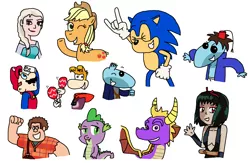 Size: 1730x1128 | Tagged: applejack, artist:mighty355, crossover, derpibooru import, elsa, frozen (movie), mario, oc, oc:boogey boy, oc:pepper the evil oc teensy, oc:yura, rayman, safe, sonic the hedgehog, sonic the hedgehog (series), spike, spyro the dragon, super mario bros., wreck-it ralph