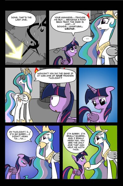 Size: 728x1098 | Tagged: safe, artist:leon-z, derpibooru import, princess celestia, twilight sparkle, twilight sparkle (alicorn), alicorn, pony, comic:returns endings & beginnings, comic, female, mare, torch