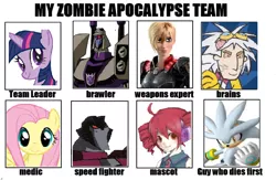 Size: 600x390 | Tagged: blitzwing, calhoun, crossover, derpibooru import, doctor two-brains, fluttershy, kasane teto, meme, safe, silver the hedgehog, sonic the hedgehog (series), starscream, transformers, twilight sparkle, utauloid, wordgirl, wreck-it ralph, zombie apocalypse team