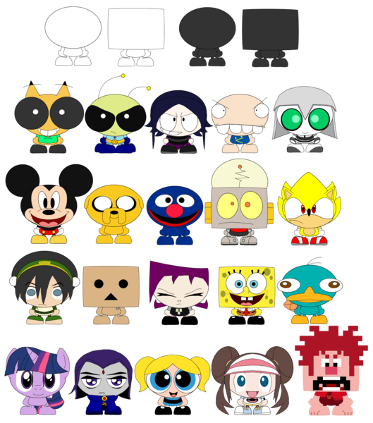 Size: 1489x1688 | Tagged: safe, artist:limeth, derpibooru import, twilight sparkle, adventure time, avatar the last airbender, bubbles (powerpuff girls), chu, crossover, danbo, disney, famine, gaz membrane, grover, h.a.z.e.l, image, invader zim, jake the dog, mickey mouse, nerk, perry the platypus, phineas and ferb, png, pokémon, raven (teen titans), robot jones, rosa, sesame street, sonic the hedgehog, sonic the hedgehog (series), spongebob squarepants, spongebob squarepants (character), super sonic, teen titans, the powerpuff girls, toph bei fong, wreck-it ralph