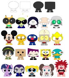 Size: 1489x1688 | Tagged: adventure time, artist:limeth, avatar the last airbender, bubbles (powerpuff girls), chu, crossover, danbo, derpibooru import, disney, famine, gaz membrane, grover, h.a.z.e.l, invader zim, jake the dog, mickey mouse, nerk, perry the platypus, phineas and ferb, pokémon, raven (teen titans), robot jones, rosa, safe, sesame street, sonic the hedgehog, sonic the hedgehog (series), spongebob squarepants, super sonic, teen titans, the powerpuff girls, toph bei fong, twilight sparkle, wreck-it ralph