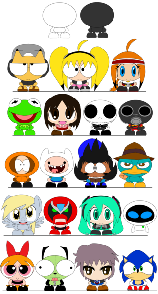 Size: 1052x1955 | Tagged: safe, artist:limeth, derpibooru import, derpy hooves, pegasus, pony, amber wallace, azumanga daioh, barely pony related, blossom (powerpuff girls), bristol d. rue, crossover, eve, female, finn the human, gina the psychic, gir, hatsune miku, homestar runner, image, invader zim, jack skellington, kasuga ayumu, kenny mccormick, kermit the frog, male, mare, matchu, melancholy of haruhi suzumiya, nagato yuki, osaka, perry the platypus, phineas and ferb, png, pyro, simple background, sonic the hedgehog, sonic the hedgehog (series), south park, strong bad, suzumiya haruhi, team fortress 2, the muppets, the nightmare before christmas, the powerpuff girls, transparent background, vocaloid, wall-e