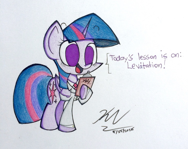 Size: 2448x1950 | Tagged: safe, artist:pelate, derpibooru import, twilight sparkle, twilight sparkle (alicorn), alicorn, pony, clipboard, clothes, female, lab coat, mare, solo, traditional art