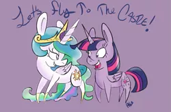 Size: 849x558 | Tagged: safe, artist:lavendire, derpibooru import, princess celestia, twilight sparkle, twilight sparkle (alicorn), alicorn, pony, female, let's fly to the castle, mare