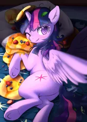 Size: 640x900 | Tagged: safe, artist:aymint, derpibooru import, twilight sparkle, twilight sparkle (alicorn), alicorn, pony, bed, blanket, blueberry, butt, butter, cute, female, food, horn, horn impalement, i'm pancake, leaf, looking at you, lying down, mare, messy mane, one eye closed, pancakes, pillow, plot, side, smiling, solo, strawberry, syrup, twiabetes, twibutt, underhoof, wink