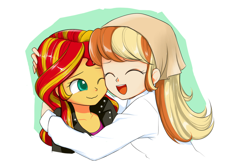 Size: 1323x922 | Tagged: safe, artist:twilite-sparkleplz, derpibooru import, sunset shimmer, oc, oc:mandarine mélange, equestria girls, equestria girls-ified, hug