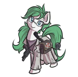 Size: 2461x2452 | Tagged: safe, artist:kalemon, derpibooru import, oc, oc:beryl, oc:beryl (smhac), unofficial characters only, butterfly, pony, fallout equestria, fanfic, bag, clothes, fanfic art, female, fluttershy medical saddlebag, golf club, gun, handgun, hooves, looking at you, mare, medical saddlebag, revolver, saddle bag, simple background, smiling, solo, weapon, white background