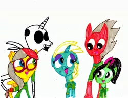 Size: 3300x2550 | Tagged: safe, artist:monstrouspegasister, derpibooru import, oc, oc:puzzle peace, ponified, pony, elsa, frozen (movie), glasses, jack skellington, ponytones outfit, the nightmare before christmas, traditional art, vanellope von schweetz, wreck-it ralph